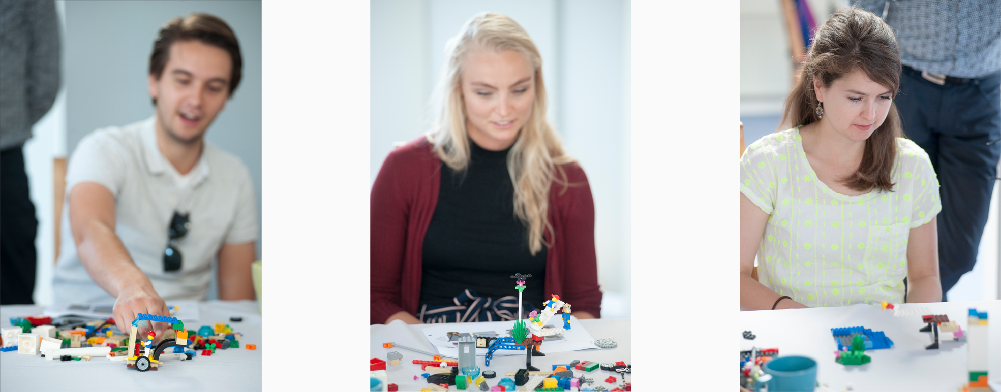 drie deelnemers aan een workshop volgens de Lego Serious Play methode